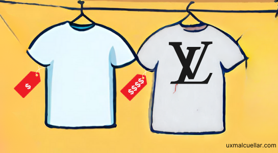 2 white shirts with price tags 1 with a LV logo