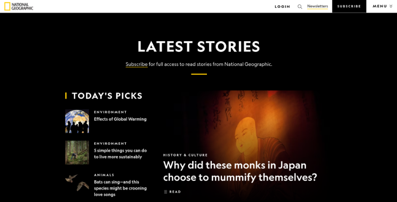 Hero section of National Geographic's homepage